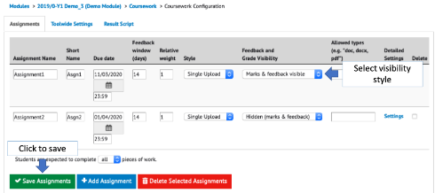 An example coursework configuration page with tags indicating how to update the visibility of marks and feedback